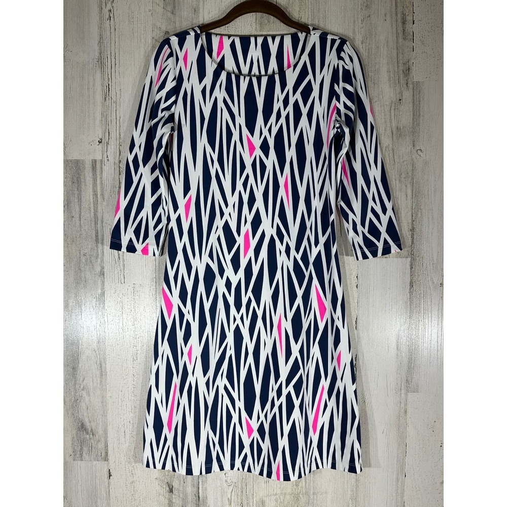 Mahi Gold Navy White‎ Pink Shift Dress Size XXS Geometric Print 3/4 Sleeve